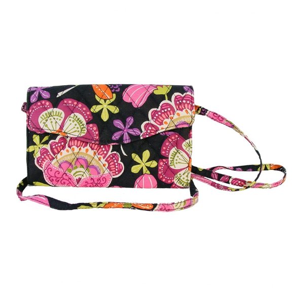 VERA BRADLEY Black/Pink Floral Quilted Cotton Crossbody Wallet Organizer - MINT - Picture 1 of 7